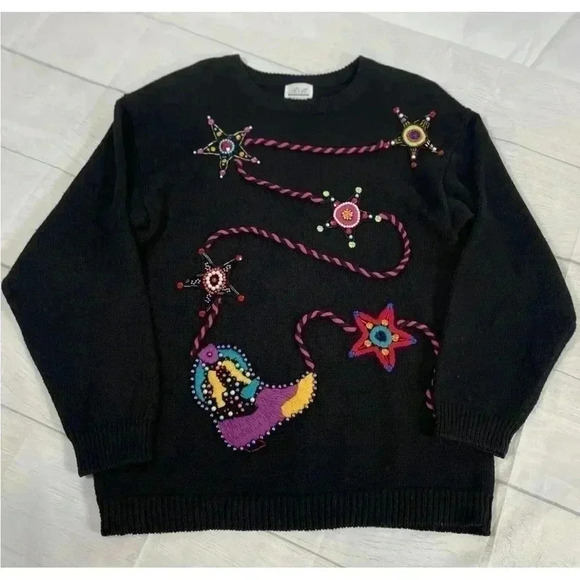 A&M Vintage Western Cowboy Sweater Black Neon Knit 80’s Crochet Jewel Woman’s M - Picture 13 of 13